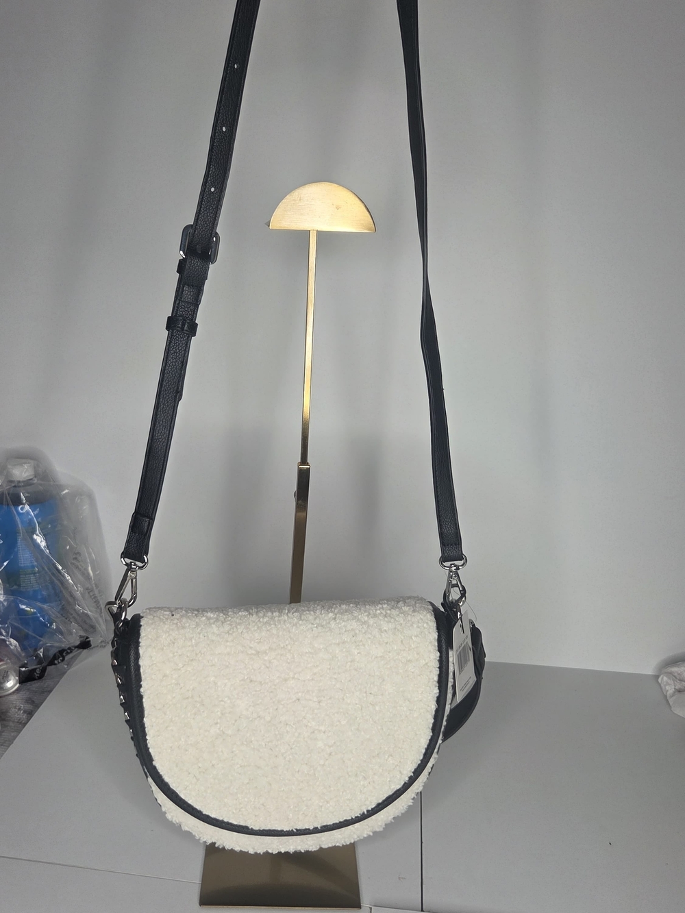 Sondra Roberts Cream Sherpa Half Moon Crossbody Bag - Black Trim